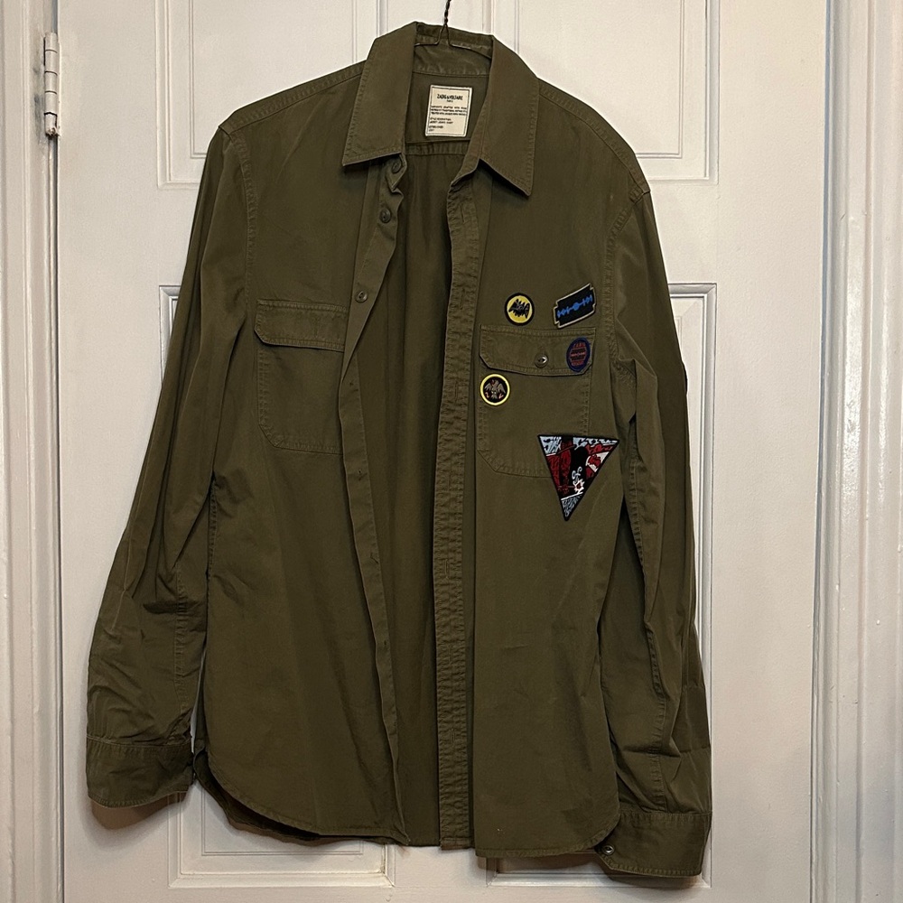 Zadig & Voltaire Olive Men's Shirt Jacket with Unique Patches